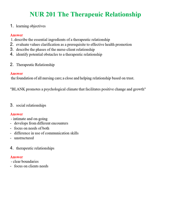 NUR 201 THE THERAPEUTIC RELATIONSHIP | GRADED A+ QUESTIONS AND ANSWERS (SOLVED)