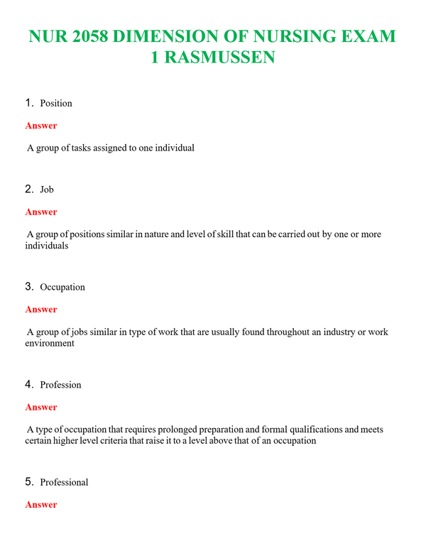 NUR 2058 DIMENSION OF NURSING EXAM 1 RASMUSSEN | COMPLETE ANSWERS 100% CORRECT