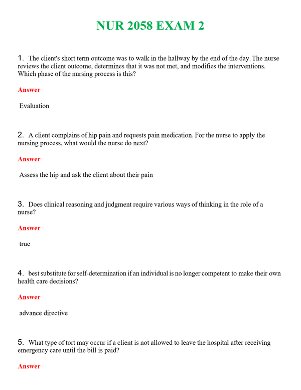 NUR 2058 EXAM 2 | COMPLETE QUESTIONS & ANSWERS (SOLVED) 100% CORRECT