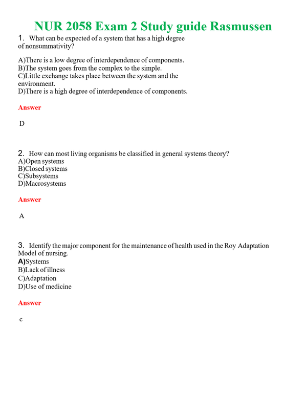 NUR 2058 EXAM 2 STUDY GUIDE RASMUSSEN | QUESTIONS AND ANSWERS INCLUDED