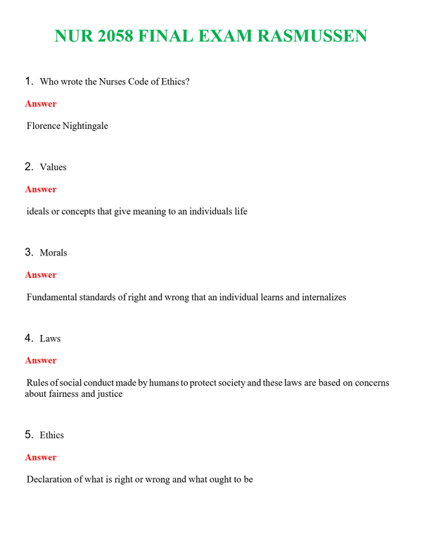 NUR 2058 FINAL EXAM RASMUSSEN | A++ EXAM WITH ALL NEW QS & AS - GUARANTEED PASS!