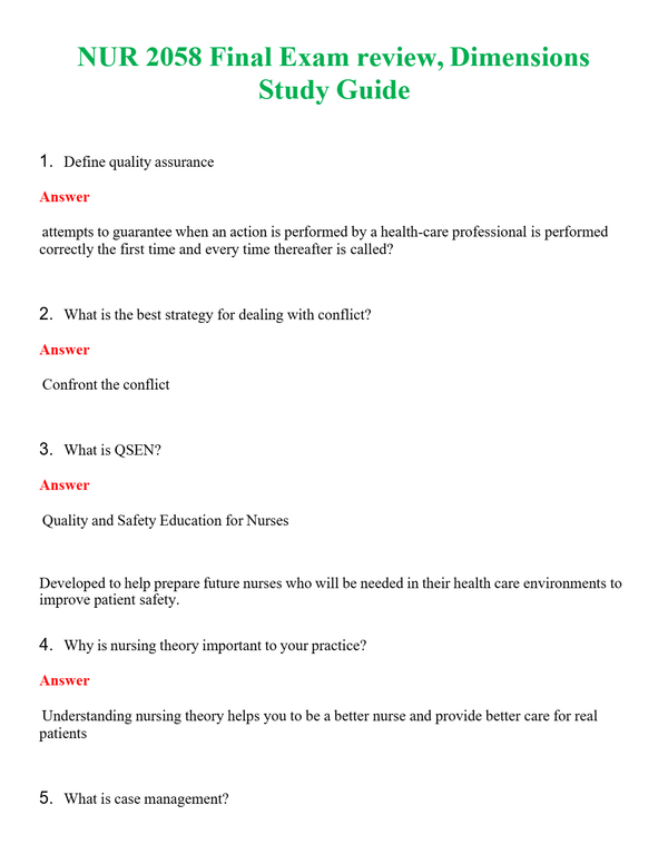 NUR 2058 FINAL EXAM REVIEW, DIMENSIONS FINAL STUDY GUIDE | COMPLETE QUESTIONS & ANSWERS (SOLVED) 100% CORRECT
