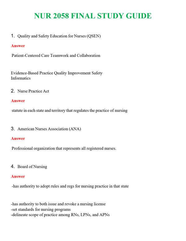 NUR 2058 FINAL STUDY GUIDE | COMPLETE ANSWERS 100% CORRECT