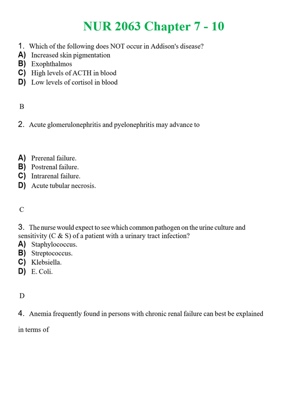 NUR 2063 CHAPTER 7 - 10 | COMPLETE QUESTIONS & ANSWERS (SOLVED) 100% CORRECT