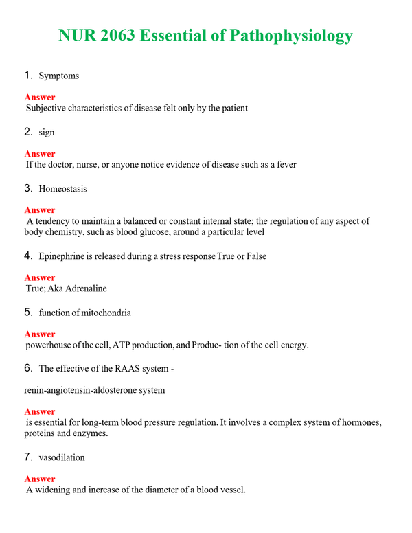 NUR 2063 ESSENTIAL OF PATHOPHYSIOLOGY | QUESTIONS AND ANSWERS INCLUDED