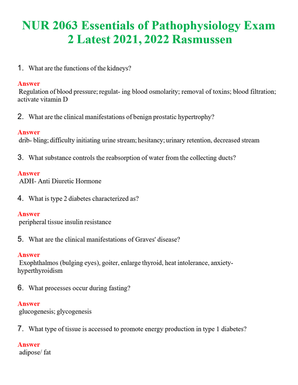 NUR 2063 ESSENTIALS OF PATHOPHYSIOLOGY EXAM 2 RASMUSSEN | COMPLETE QUESTIONS & ANSWERS (SOLVED) 100% CORRECT
