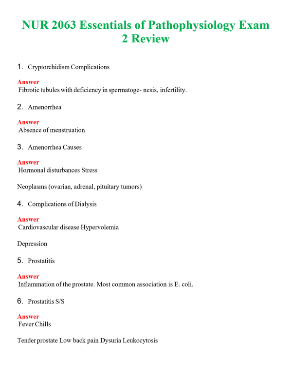 NUR 2063 ESSENTIALS OF PATHOPHYSIOLOGY EXAM 2 REVIEW | QUESTIONS AND ANSWERS INCLUDED