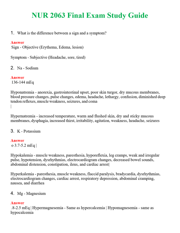NUR 2063 FINAL EXAM STUDY GUIDE | QUESTIONS AND ANSWERS INCLUDED