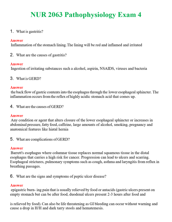 NUR 2063 PATHOPHYSIOLOGY EXAM 4 | A+ RATED GUIDE | QUESTIONS AND ANSWERS (SOLVED)