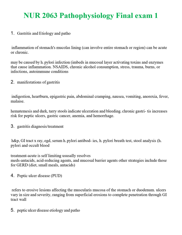 NUR 2063 PATHOPHYSIOLOGY FINAL EXAM 1 | A+ RATED GUIDE | QUESTIONS AND ANSWERS (SOLVED)