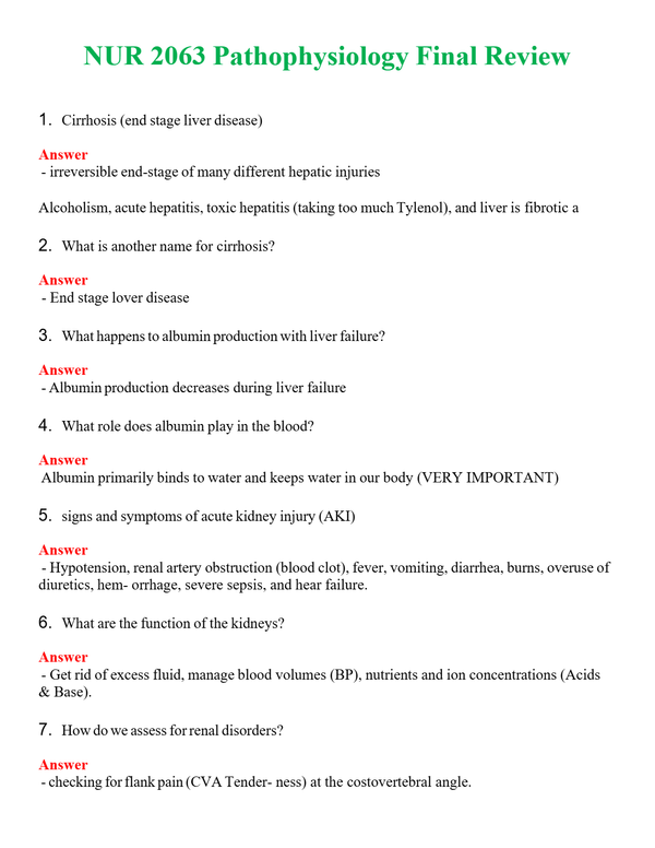 NUR 2063 PATHOPHYSIOLOGY FINAL REVIEW | (ACTUAL EXAM ) QUESTIONS AND ANSWERS (SOLVED)
