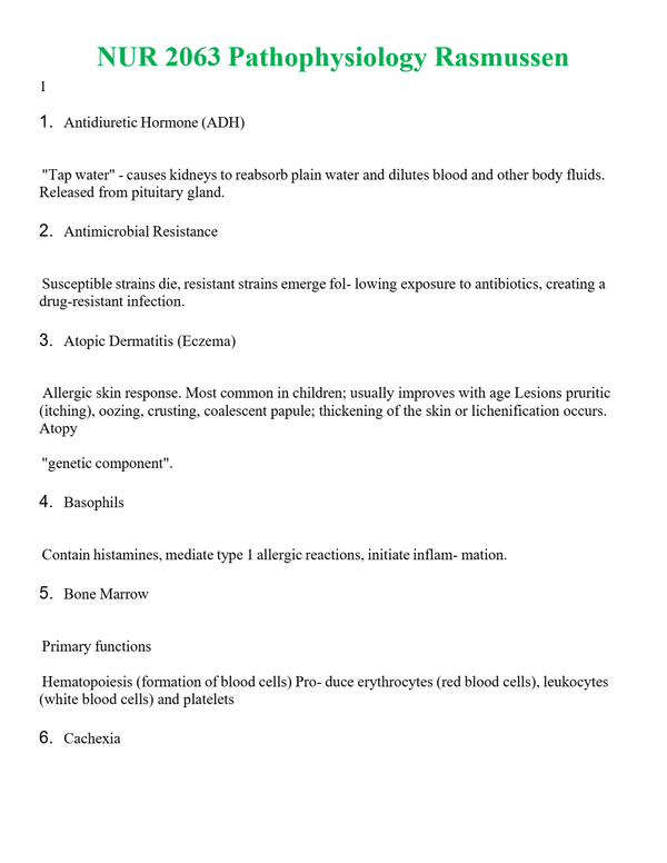 NUR 2063 PATHOPHYSIOLOGY RASMUSSEN | QUESTIONS & ANSWERS (SOLVED)