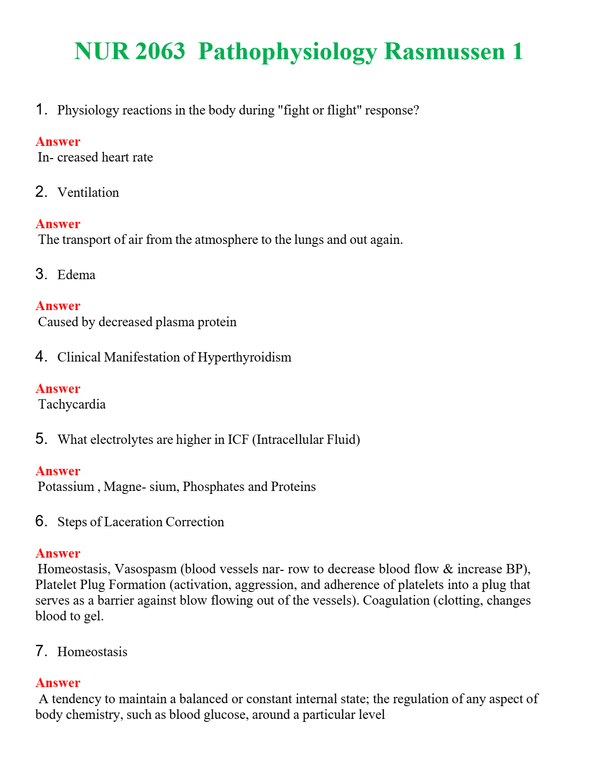 NUR 2063 PATHOPHYSIOLOGY RASMUSSEN 1 | (ACTUAL EXAM ) QUESTIONS AND ANSWERS (SOLVED)