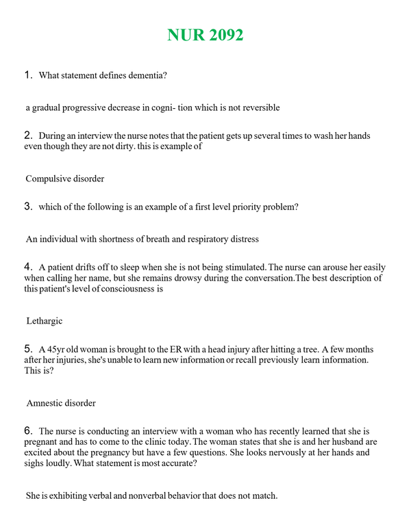 NUR 2092 | A+ RATED GUIDE | QUESTIONS AND ANSWERS (SOLVED)