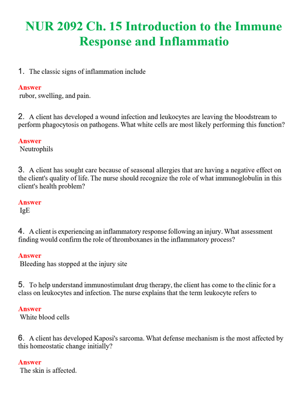 NUR 2092 CH. 15 INTRODUCTION TO THE IMMUNE RESPONSE AND INFLAMMATION | WITH 100% VERIFIED ANSWERS