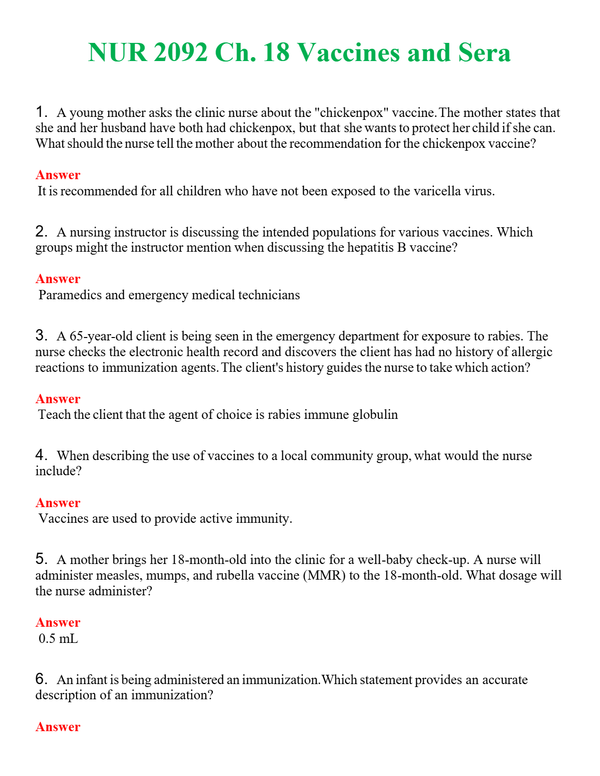 NUR 2092 CH. 18 VACCINES AND SERA | (ACTUAL EXAM ) QUESTIONS AND ANSWERS (SOLVED)