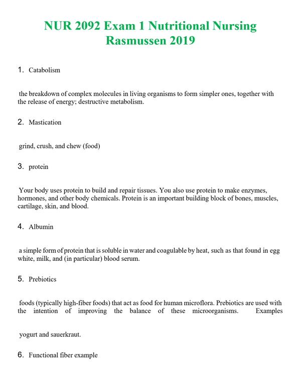 NUR 2092 EXAM 1 NUTRITIONAL NURSING RASMUSSEN 2019 | A+ RATED GUIDE | QUESTIONS AND ANSWERS (SOLVED)