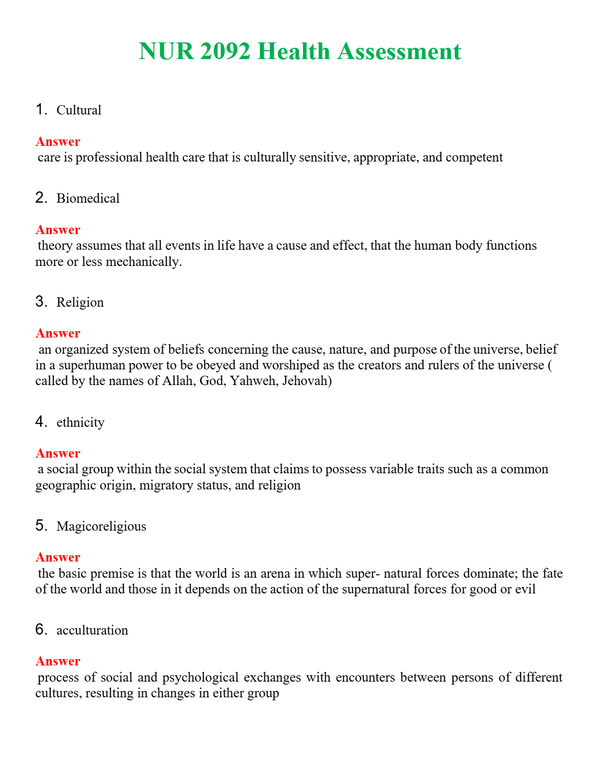 NUR 2092 HEALTH ASSESSMENT | QUESTIONS AND ANSWERS INCLUDED