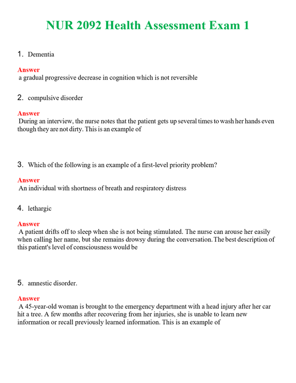 NUR 2092 HEALTH ASSESSMENT EXAM 1 | ACTUAL QUESTIONS AND ANSWERS 100% CORRECT