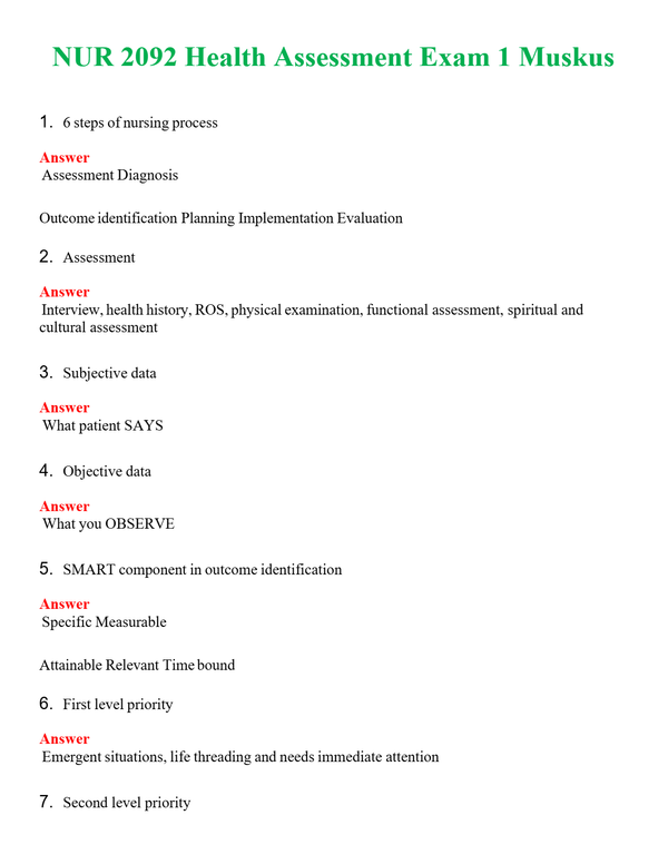 NUR 2092 HEALTH ASSESSMENT EXAM 1 MUSKUS | ALL Q&AS BRAND NEW GUARANTEED A+++