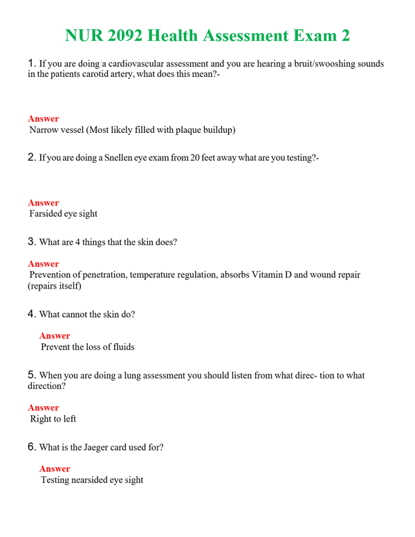 NUR 2092 HEALTH ASSESSMENT EXAM 2 | NEW FULL QUESTIONS AND ANSWERS 100% CORRECT
