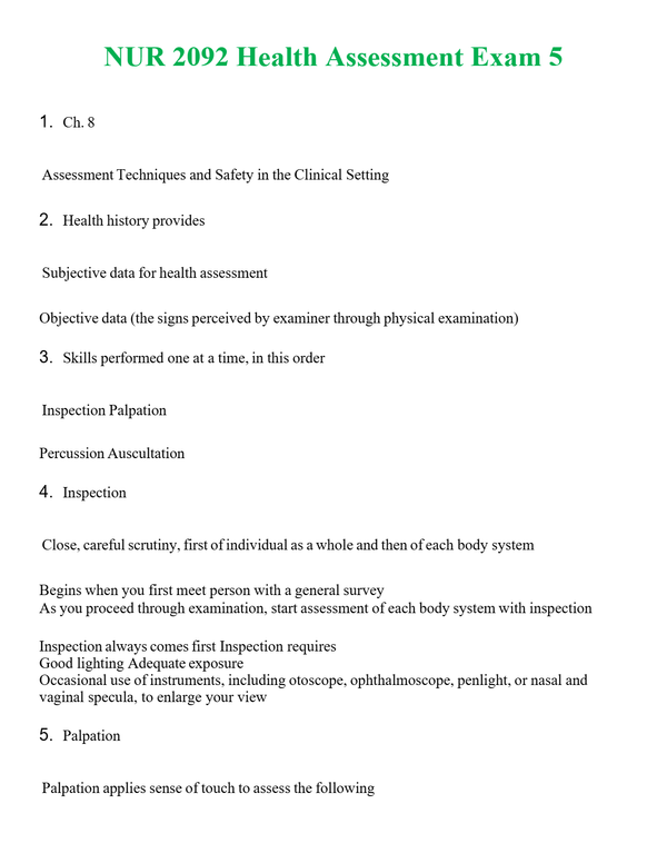 NUR 2092 HEALTH ASSESSMENT EXAM 5 | QUESTIONS AND ANSWERS INCLUDED