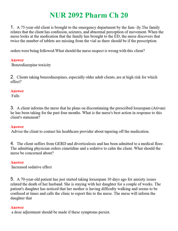 NUR 2092 PHARM CH 20 | COMPLETE ANSWERS 100% CORRECT