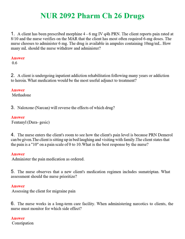 NUR 2092 PHARM CH 26 DRUGS | GRADED A+ SOLVED 100% CORRECT