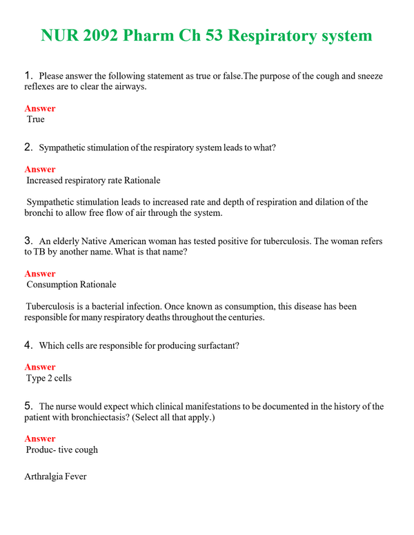 NUR 2092 PHARM CH 53 RESPIRATORY SYSTEM | ALL Q&AS BRAND NEW GUARANTEED A+++