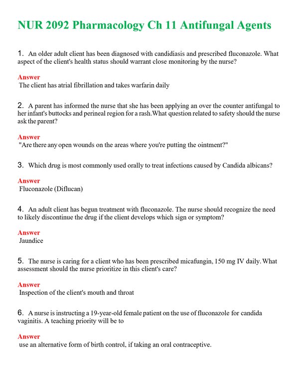 NUR 2092 PHARMACOLOGY CH 11 ANTIFUNGAL AGENTS | ACTUAL QUESTIONS AND ANSWERS 100% CORRECT