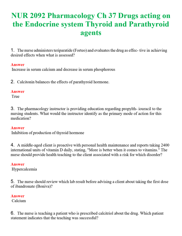 NUR 2092 PHARMACOLOGY CH 37 DRUGS ACTING ON THE ENDOCRINE SYSTEM THYROID AND PARATHYROID AGENTS | ALL Q&AS BRAND NEW GUARANTEED A+++