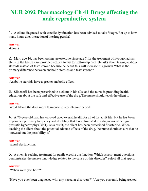 NUR 2092 PHARMACOLOGY CH 41 DRUGS AFFECTING THE MALE REPRODUCTIVE SYSTEM | QUESTIONS AND ANSWERS INCLUDED
