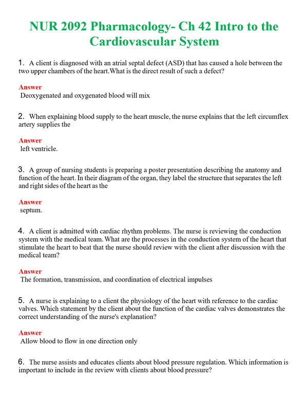 NUR 2092 PHARMACOLOGY CH 42 INTRO TO THE CARDIOVASCULAR SYSTEM | COMPLETE ANSWERS 100% CORRECT