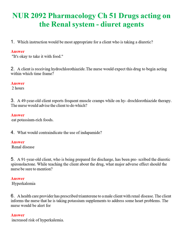 NUR 2092 PHARMACOLOGY CH 51 DRUGS ACTING ON THE RENAL SYSTEM - DIURETIC AGENTS | GRADED A+ QUESTIONS AND ANSWERS (SOLVED)