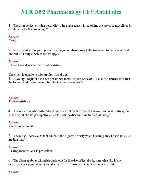 NUR 2092 PHARMACOLOGY CH 9 ANTIBIOTICS | QUESTIONS AND ANSWERS INCLUDED