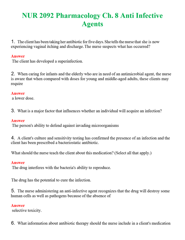 NUR 2092 PHARMACOLOGY CH. 8 ANTI INFECTIVE AGENTS | COMPLETE QUESTIONS & ANSWERS (SOLVED) 100% CORRECT