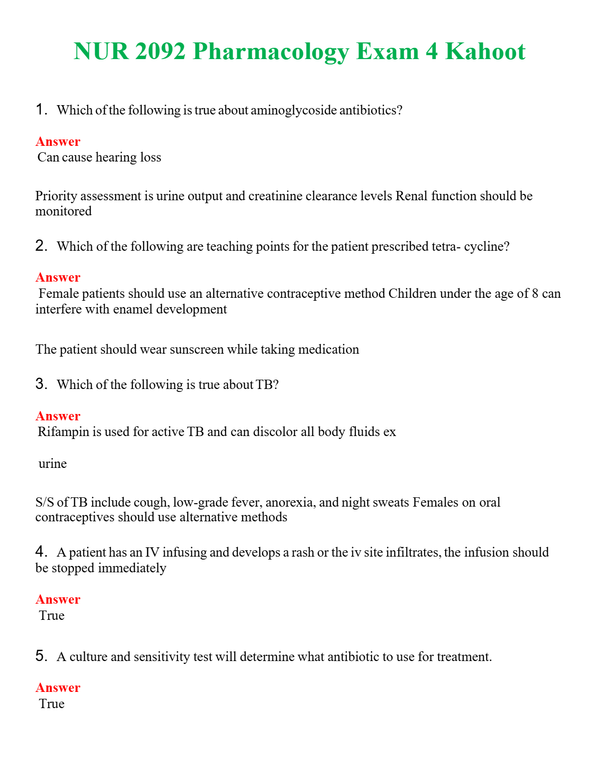 NUR 2092 PHARMACOLOGY EXAM 4 KAHOOT | GRADED A+ QUESTIONS & ANSWERS