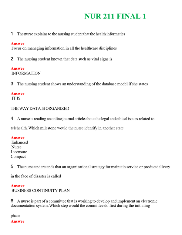 NUR 211 FINAL 1 | LATEST QUESTIONS WITH COMPLETE GRADE A++ ANSWERS