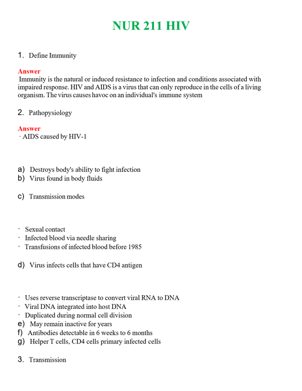 NUR 211 HIV | QUESTIONS & ANSWERS (SOLVED)