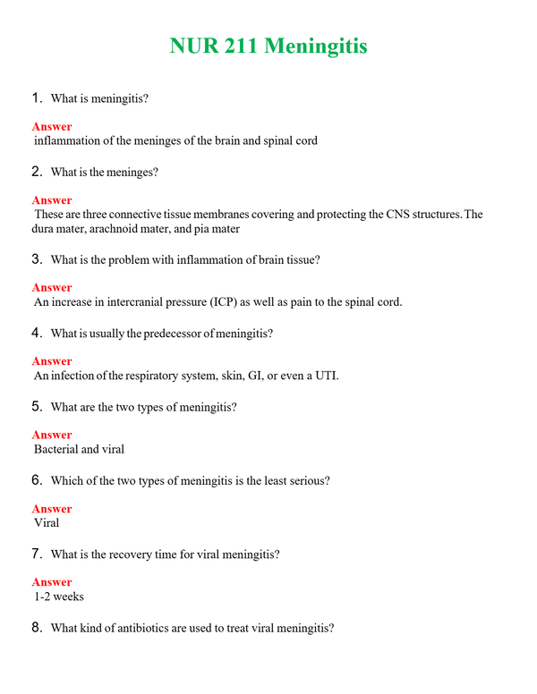 NUR 211 MENINGITIS | QUESTIONS & ANSWERS (SOLVED)