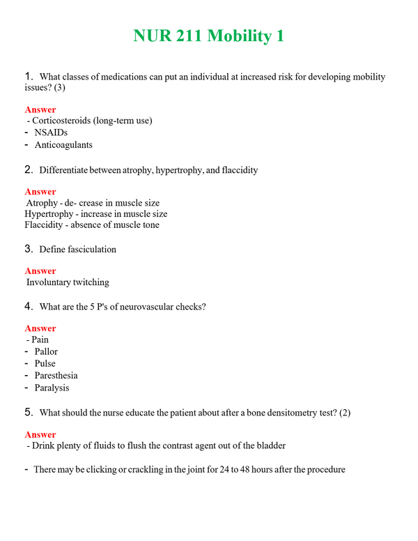 NUR 211 MOBILITY 1 | A+ RATED GUIDE | QUESTIONS AND ANSWERS (SOLVED)
