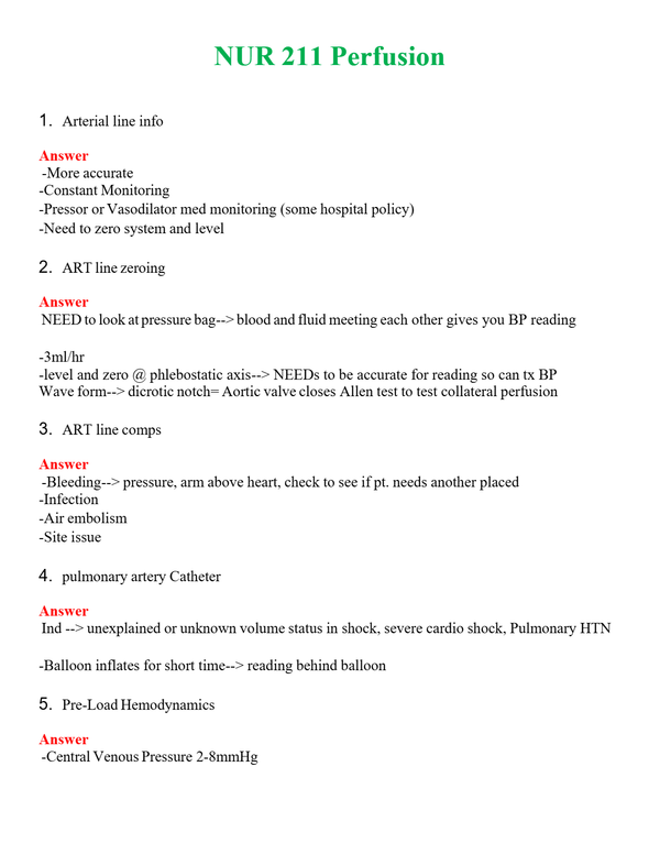 NUR 211 PERFUSION | QUESTIONS AND ANSWERS INCLUDED
