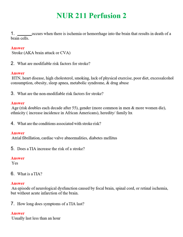 NUR 211 PERFUSION 2 | ACTUAL QUESTIONS AND ANSWERS 100% CORRECT