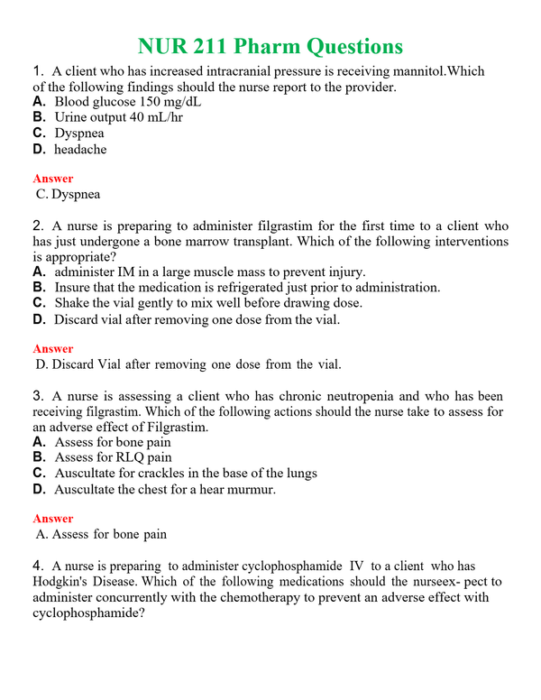 NUR 211 PHARM QUESTIONS | A SOLVED 100% CORRECT