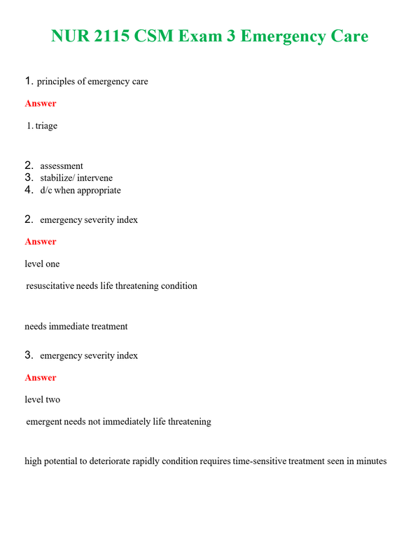 NUR 2115 CSM EXAM 3 EMERGENCY CARE | QUESTIONS & ANSWERS (SOLVED)