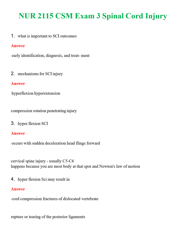 NUR 2115 CSM EXAM 3 SPINAL CORD INJURY | A+ RATED GUIDE | QUESTIONS AND ANSWERS (SOLVED)