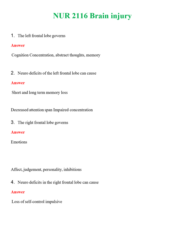 NUR 2116 BRAIN INJURY | GRADED A+ QUESTIONS & ANSWERS