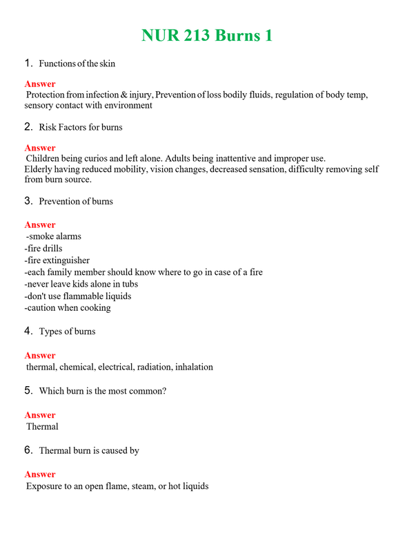 NUR 213 BURNS 1 | (ACTUAL EXAM ) QUESTIONS AND ANSWERS (SOLVED