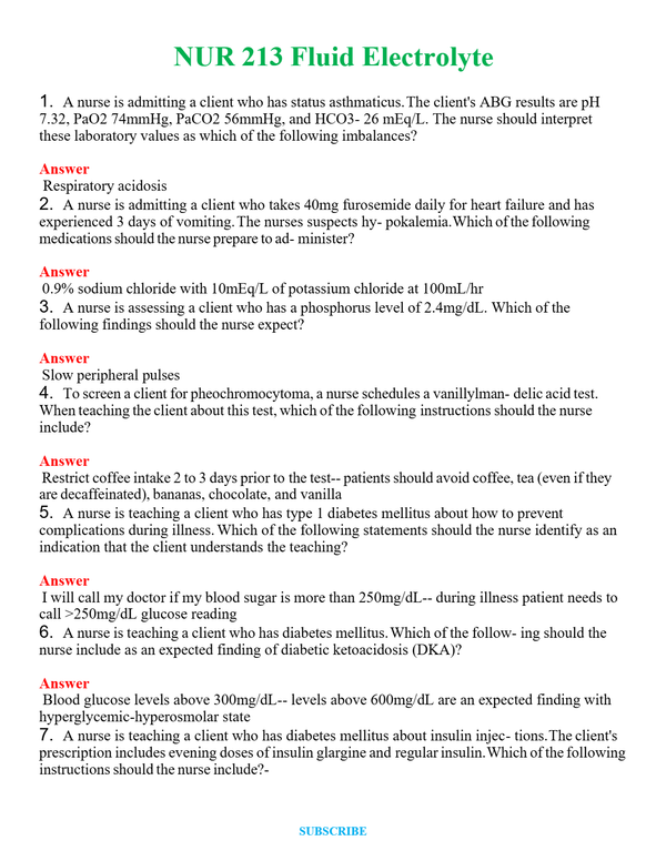 NUR 213 FLUID ELECTROLYTE | A+ RATED GUIDE | QUESTIONS AND ANSWERS (SOLVED)