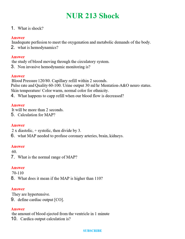 NUR 213 SHOCK | (ACTUAL EXAM ) QUESTIONS AND ANSWERS (SOLVED)